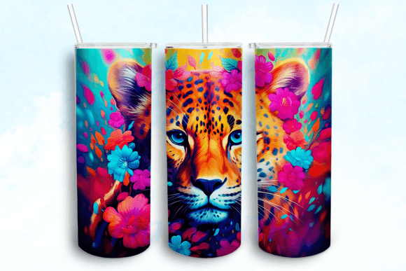 Colorful Neon Flower Leopard Tumbler PNG