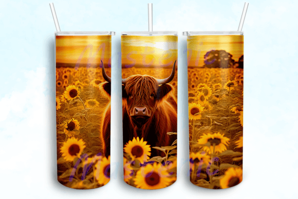 Highland Cow Sunflower Tumbler PNG