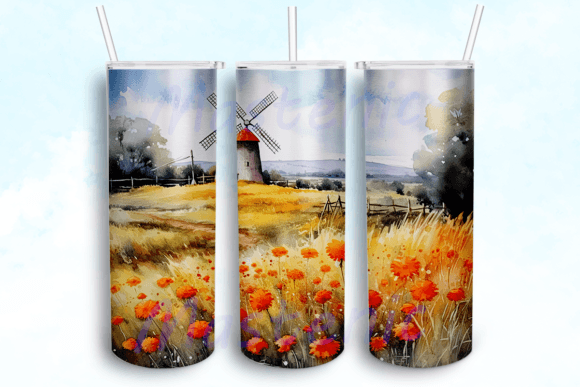 Windmill Flowers Landscape Tumbler PNG